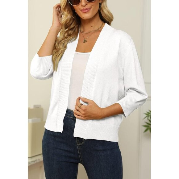 Women's Cropped Cardigan Sweater Lightweight 3/4 Sleeve Open Front Short - Picture 2 of 7